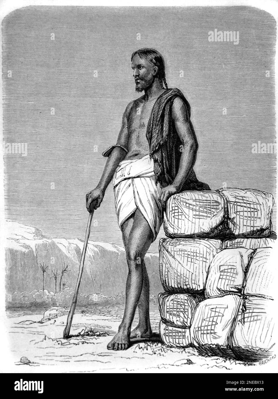 Ritratto integrale di un uomo di Baggara o Ciad Arabo, con bastone da passeggio o bastone da Herding, un gruppo misto Nomadico del Sahel nell'Africa Centrale del Nord, in particolare Sud Sudan e Ciad, Africa. Vintage Engraving o Illustrazione 1862 Foto Stock