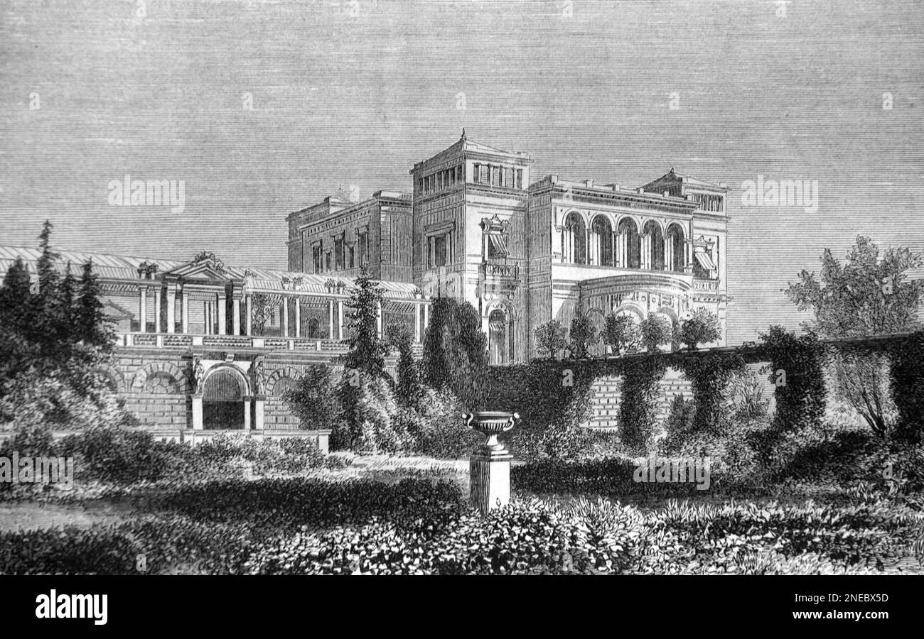 Villa Berg, Summer House, Mansion o Country House di Carlo 1 di Württemberg, re di Württemberg, aka Karl Friendrich Alexander vicino Stoccarda Germania. Vintage Engraving o Illustrazione 1862 Foto Stock