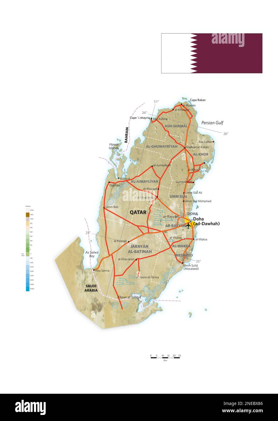 Mappa fisica e politica del Qatar. [Adobe Illustrator (.ai); 2480x3507]. Foto Stock