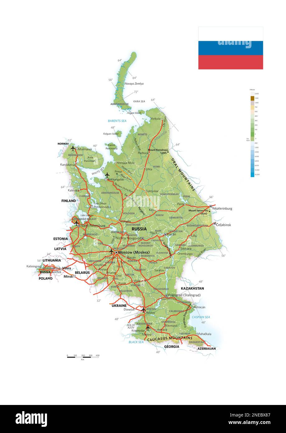 Mappa fisica e politica della parte europea della Russia (fino ai Monti Urali). [Adobe Illustrator (.ai); 2480x3507]. Foto Stock