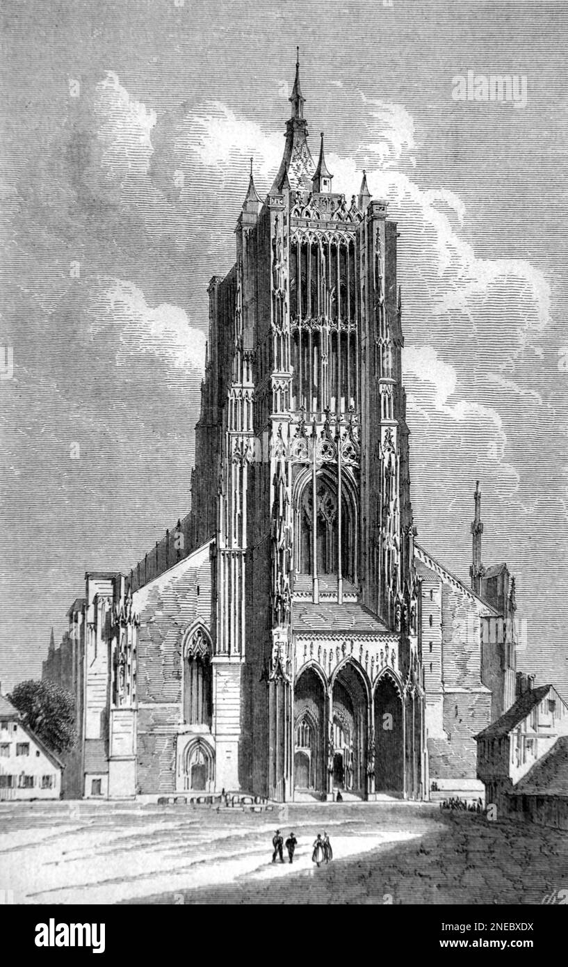 Ulm Minster fondata nel 1377) Cattedrale o Chiesa nella città vecchia o nel quartiere storico di Ulm Baden-Württemberg Germania. Vintage Engraving o Illustrazione 1862 1862 Foto Stock