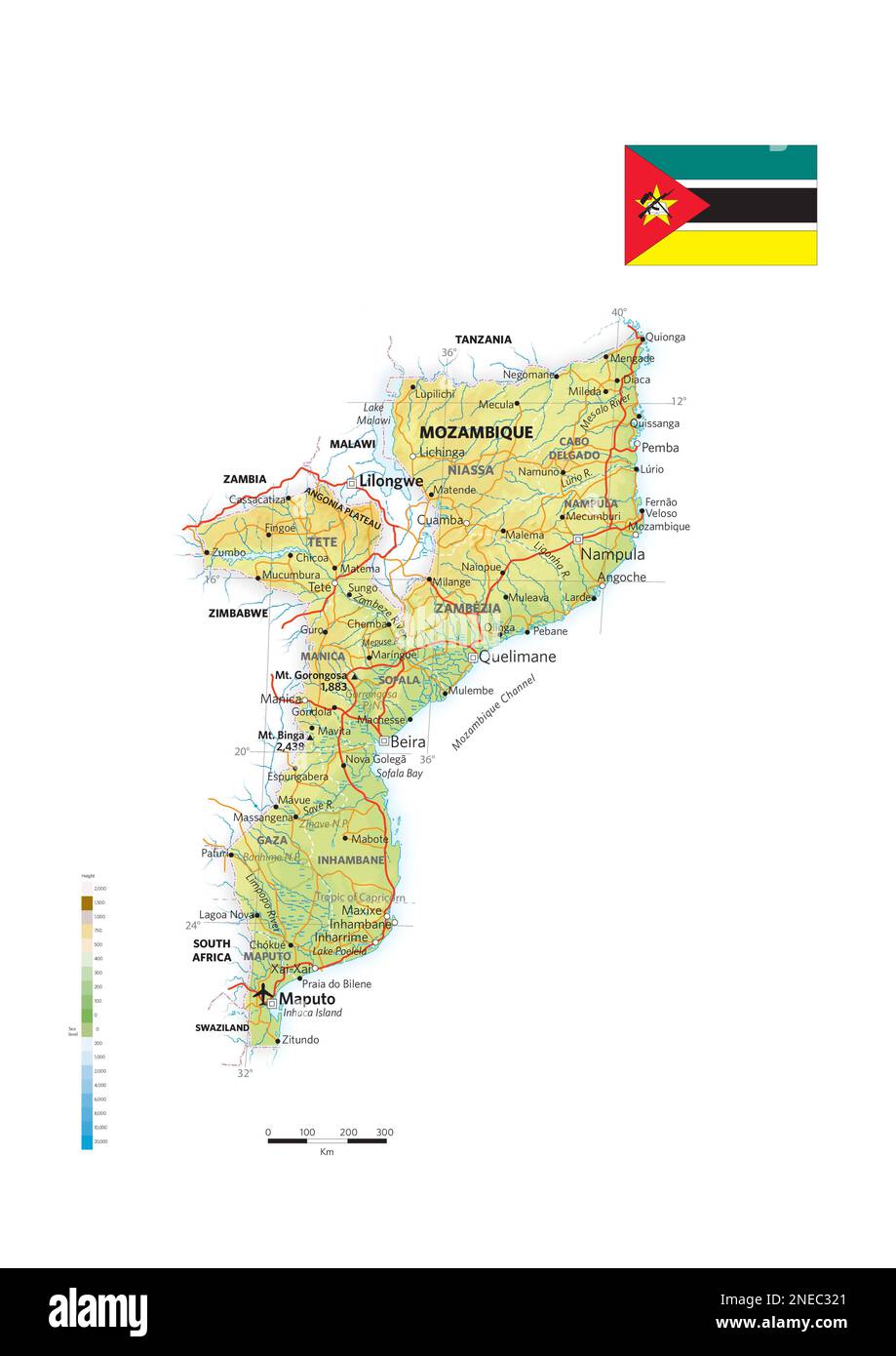 Mappa fisica e politica del Mozambico. [Adobe Illustrator (.ai); 2480x3507]. Foto Stock