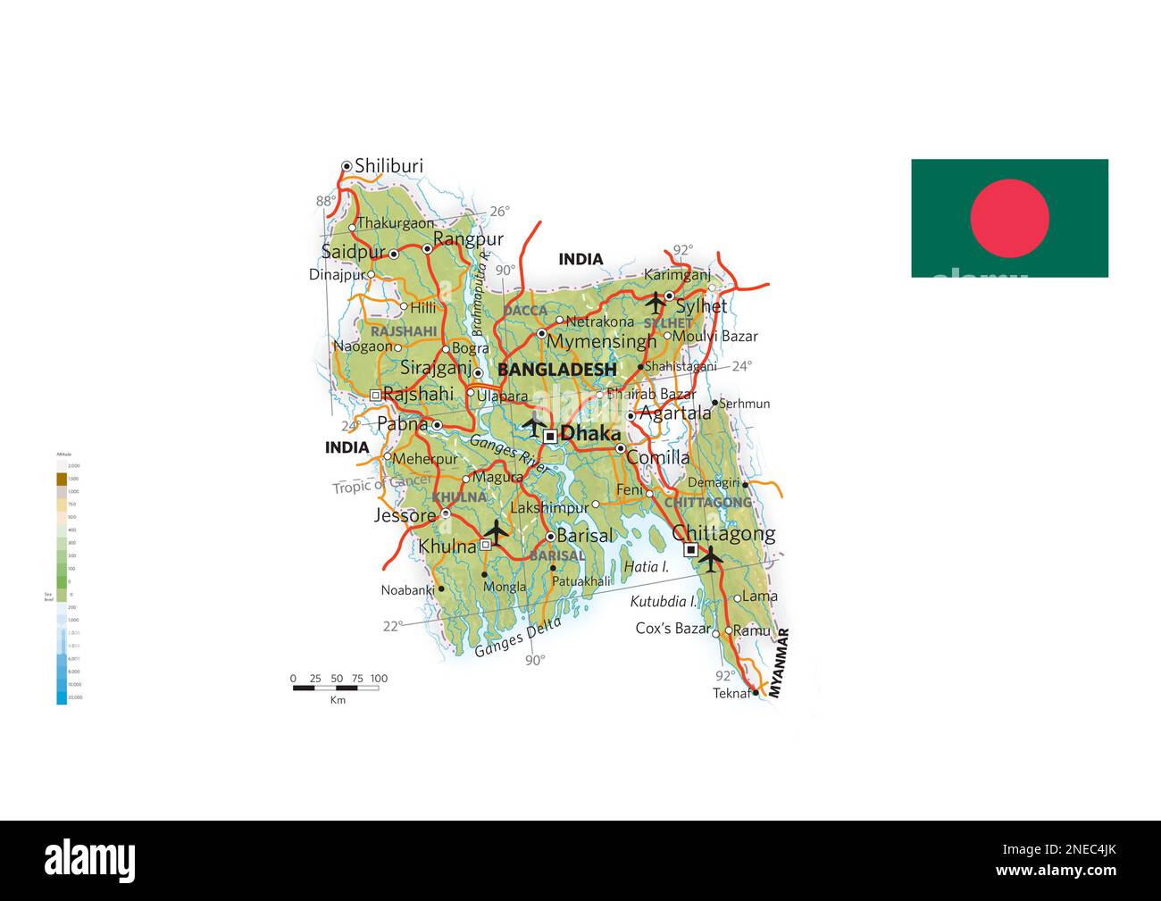 Mappe fisiche e politiche del Bangladesh. [Adobe Illustrator (.ai); 3507x2480]. Foto Stock