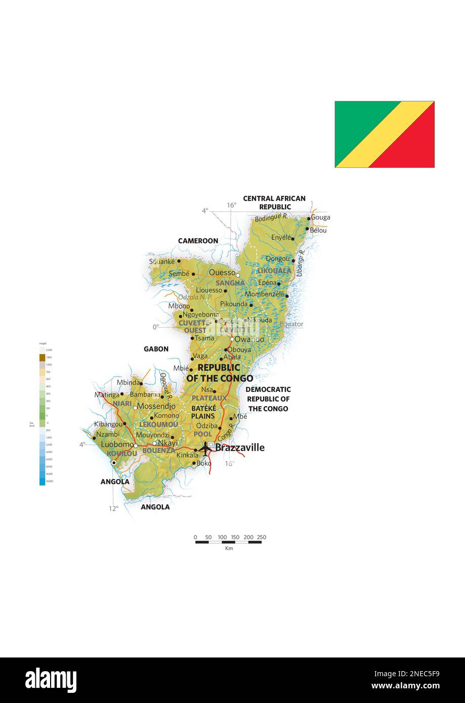 Mappa fisica e politica della Repubblica del Congo. [Adobe Illustrator (.ai); 2480x3507]. Foto Stock