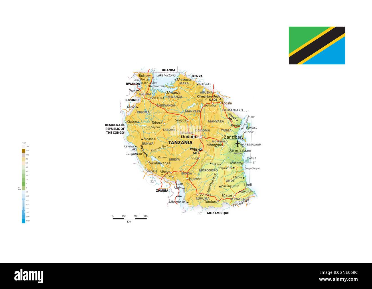 Mappa fisica e politica della Tanzania. [Adobe Illustrator (.ai); 3507x2480]. Foto Stock