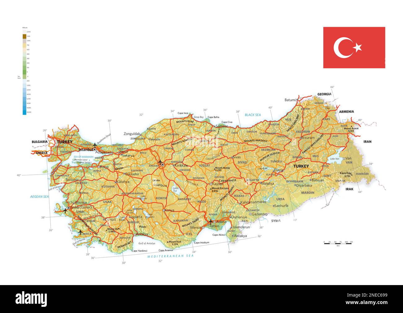 Mappa fisica e politica della Turchia. [Adobe Illustrator (.ai); 3507x2480]. Foto Stock