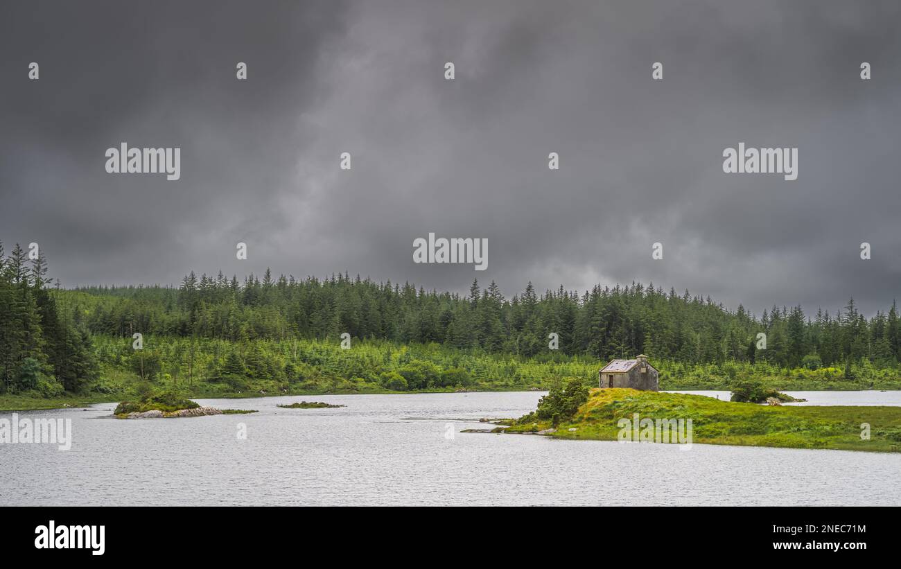 Piccola casa di pesca sul bordo del lago Ballynahinch. Pineta con cielo scuro tempesta sullo sfondo. Connemara, Contea di Galway Foto Stock
