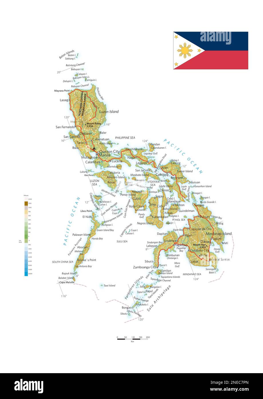 Mappa fisica e politica delle Filippine. [Adobe Illustrator (.ai); 2480x3507]. Foto Stock