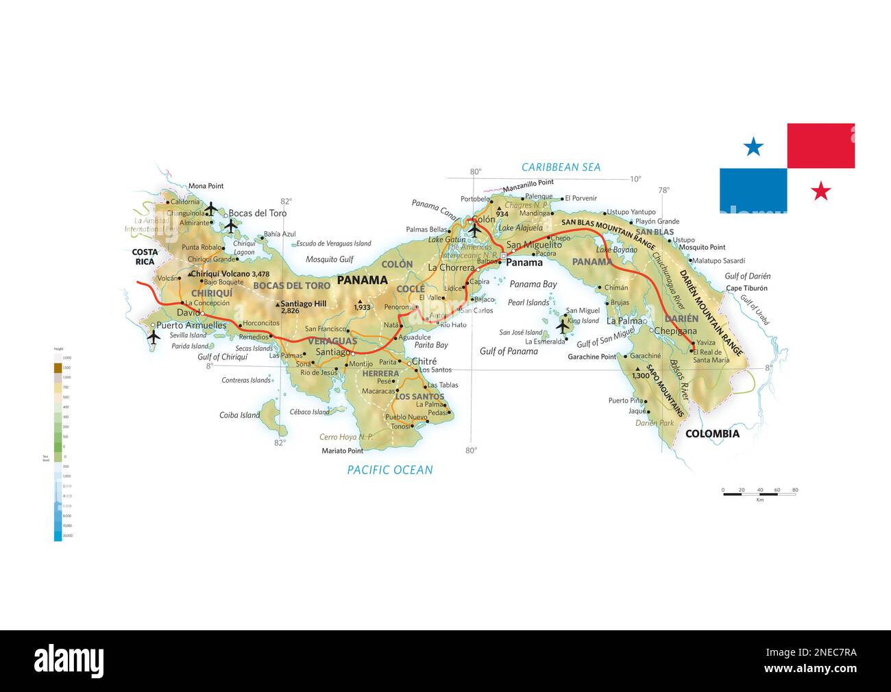 Mappa fisica e politica di Panama. [Encapsulated Postscript file (.eps); 3507x2480]. Foto Stock