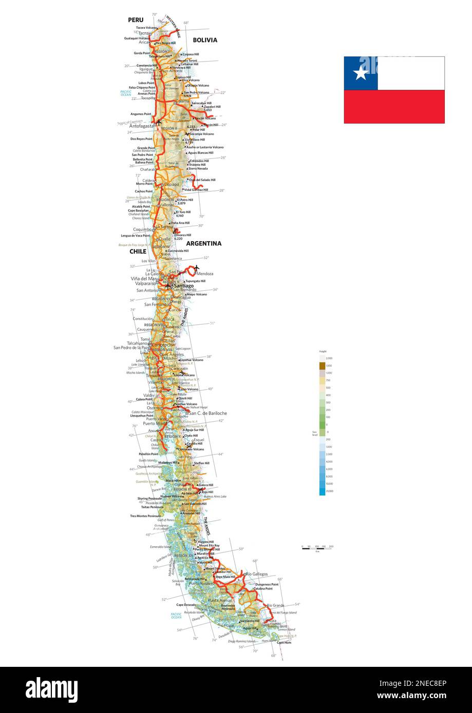 Mappa fisica e politica del Cile. [Adobe Illustrator (.ai); 2480x3507]. Foto Stock