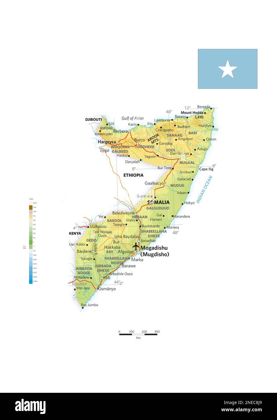 Mappa fisica e politica della Somalia. [Adobe Illustrator (.ai); 2480x3507]. Foto Stock