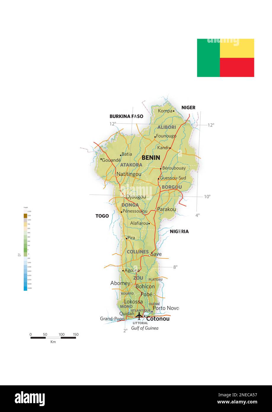 Mappa fisica e politica del Benin. [Adobe Illustrator (.ai); 2480x3507]. Foto Stock