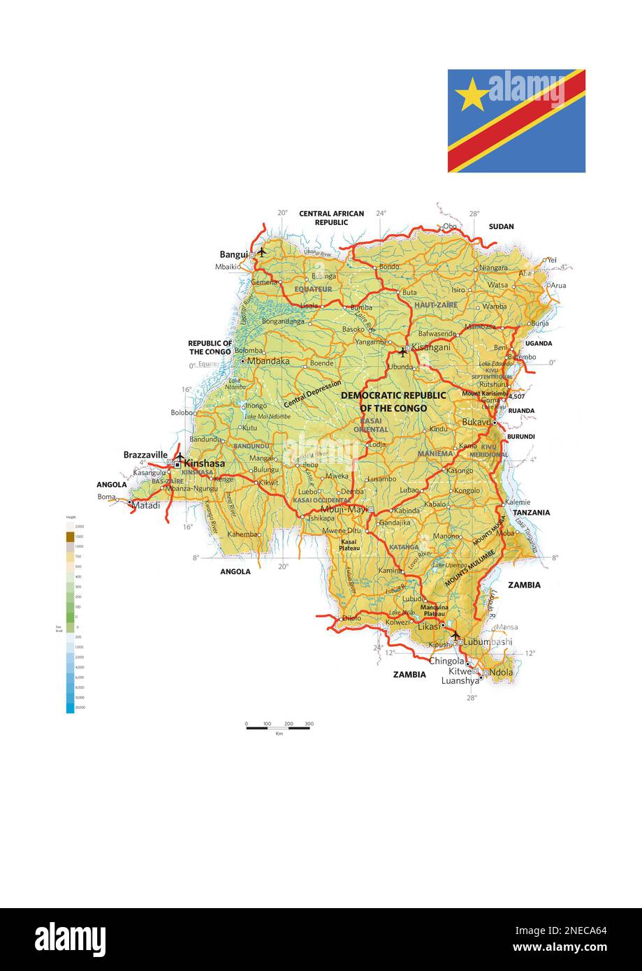 Mappa fisica e politica della Repubblica Democratica del Congo. [Adobe Illustrator (.ai); 2480x3507]. Foto Stock