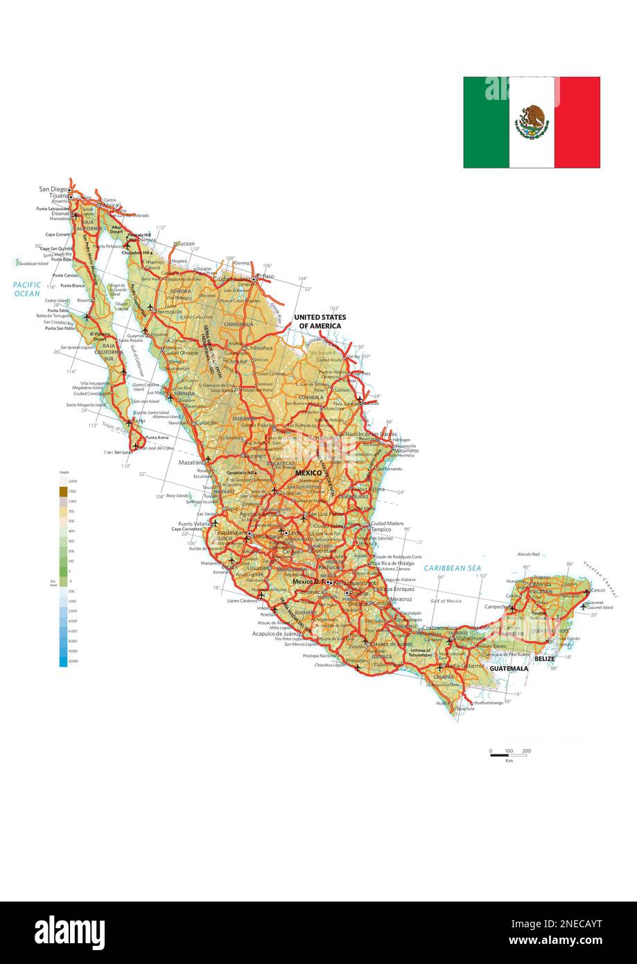 Mappa fisica e politica del Messico. [Encapsulated Postscript file (.eps); 2480x3507]. Foto Stock