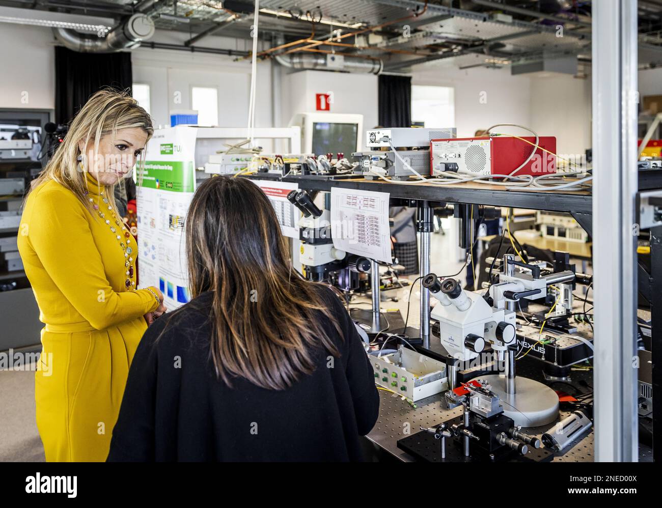 EINDHOVEN - Regina Maxima durante una visita di lavoro all'Istituto Eindhoven Hendrik Casimir. L'istituto di ricerca fa parte dell'Università di tecnologia di Eindhoven ed è specializzato nella ricerca scientifica sulla fotonica, tra le altre cose. ANP POOL REMKO DE WAAL olanda fuori - belgio fuori Foto Stock