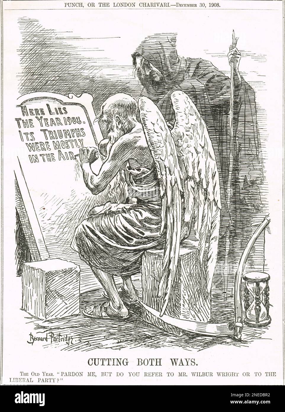 Taglio in entrambe le direzioni. 1908 Punch cartoon di Bernard Partridge che si riferisce a trionfi che erano principalmente in aria. Il nuovo anno viene chiesto dal vecchio anno se si riferisce a Wilbur Wright o al partito liberale. Il 1908 è stato l'anno del primo volo del Wright Model A. Foto Stock