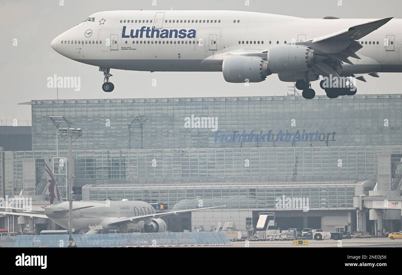 16 febbraio 2023, Hesse, Francoforte sul meno: Un Boeing 747-8 Lufthansa atterra all'aeroporto di Francoforte. Il sindacato Verdi aveva annunciato che avrebbe chiuso sette aeroporti per l'intera giornata di venerdì nella disputa salariale del settore pubblico. Foto: Arne Dedert/dpa Foto Stock