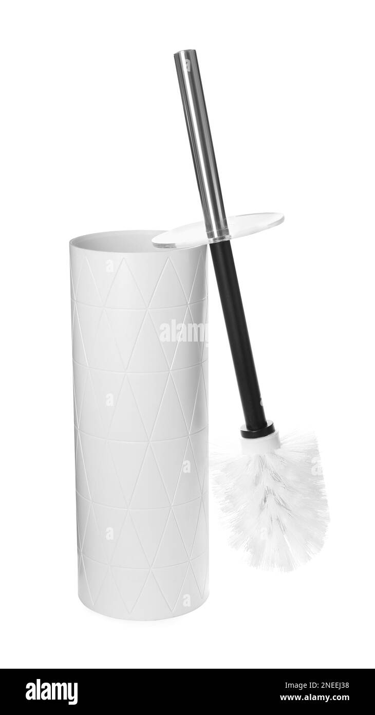Spazzola per WC con supporto isolato su bianco. Strumento di pulizia Foto Stock