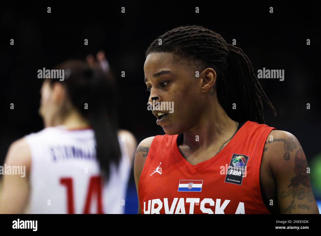 Belgrado, Serbia, 9 febbraio 2023. Shavonte Zellous della Croazia reagisce durante la partita dei qualificatori EuroBasket femminile tra Serbia e Croazia nella sala Ranko Zeravica di Belgrado, Serbia. Febbraio 9, 2023. Credito: Nikola Krstic/Alamy Foto Stock