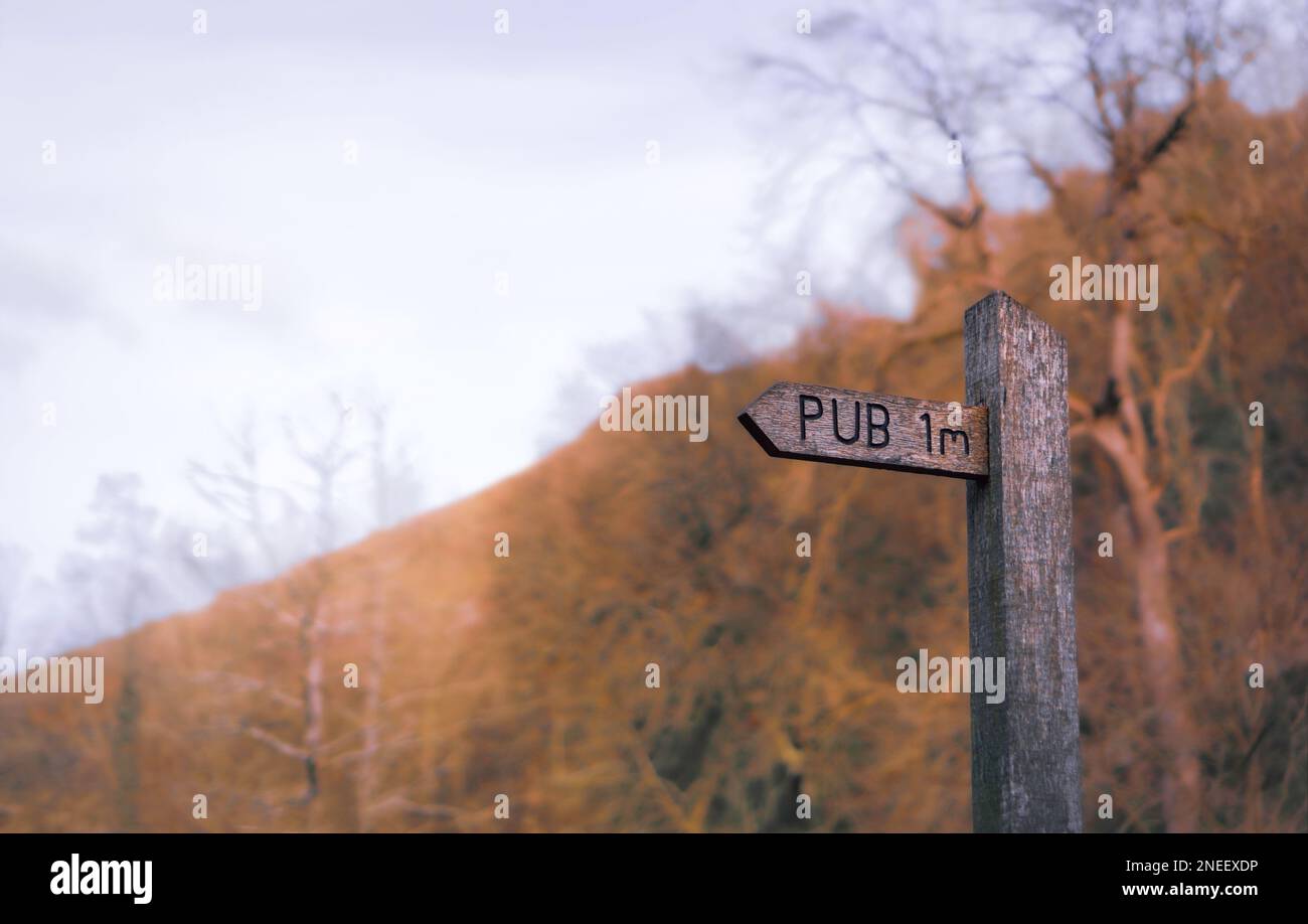 Vecchio stile rustico in legno pub cartello, su una passeggiata all'aperto natura visitando la tipica campagna britannica in autunno, vero e proprio pub birra, spazio testo Foto Stock