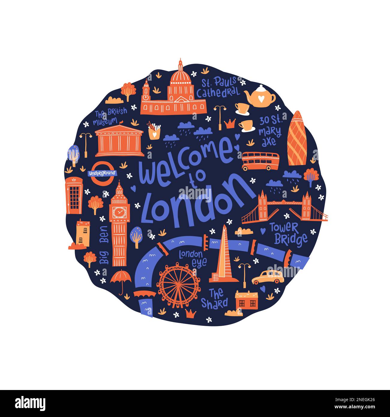 Carino mano disegnata mappa di Londra con doodle elementi, siti, edifici - grande per cartoline, stampe, banner, carta da parati - disegno vettoriale Illustrazione Vettoriale