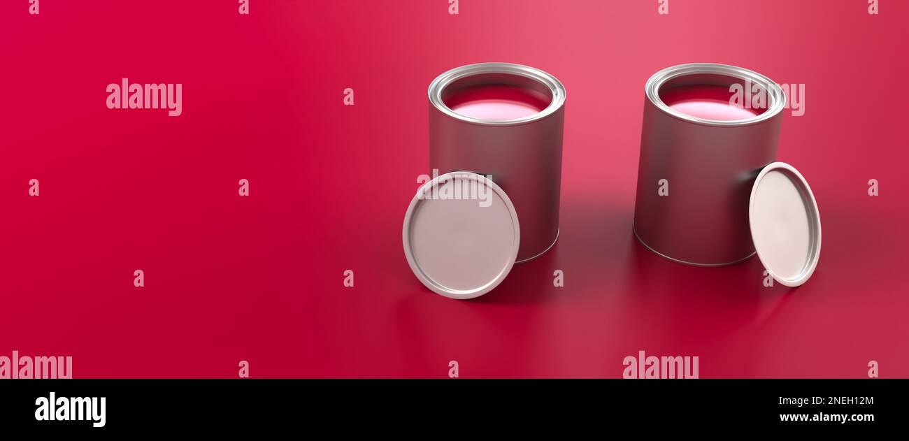 Due vasetti di colore viva magenta (colore dell'anno 2023) su sfondo in viva magenta Foto Stock