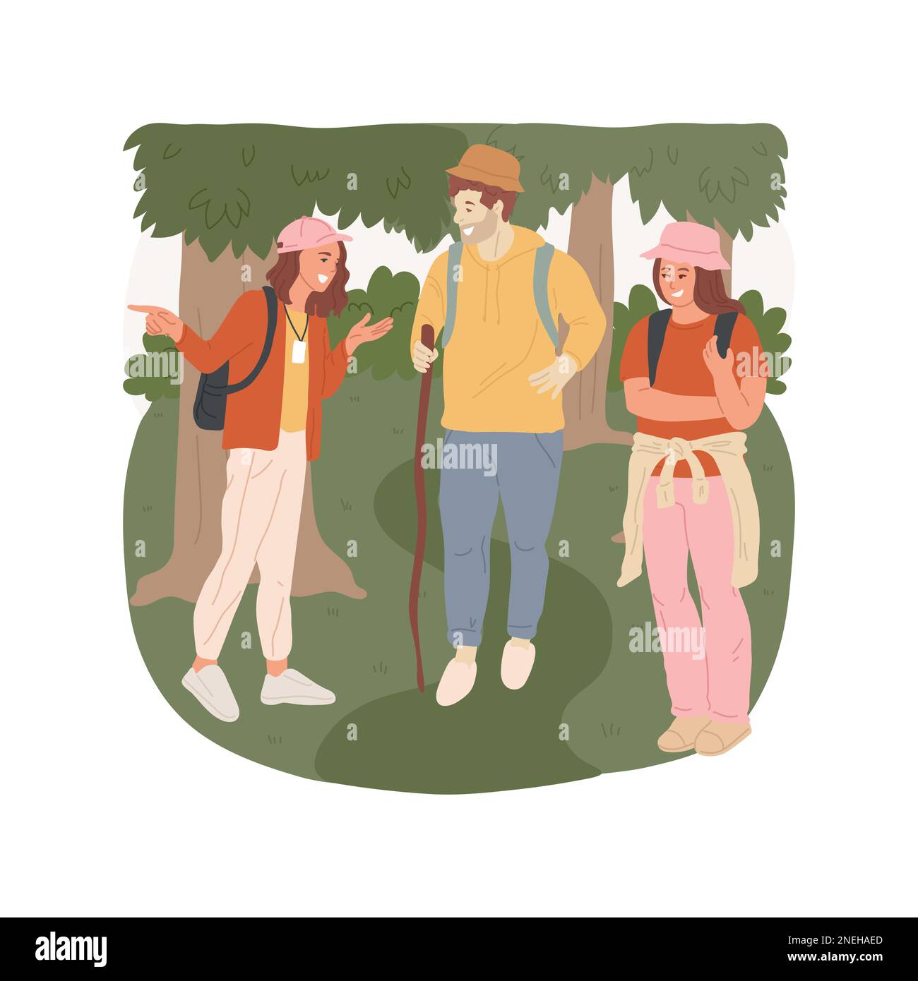 Guida natura passeggiata isolato cartone animato vettore illustrazione. Guida Eco Walk, escursioni nella natura, persone che camminano insieme nel parco naturale, volontariato cambiamento climatico, gruppo in cartone animato vettore foresta. Illustrazione Vettoriale