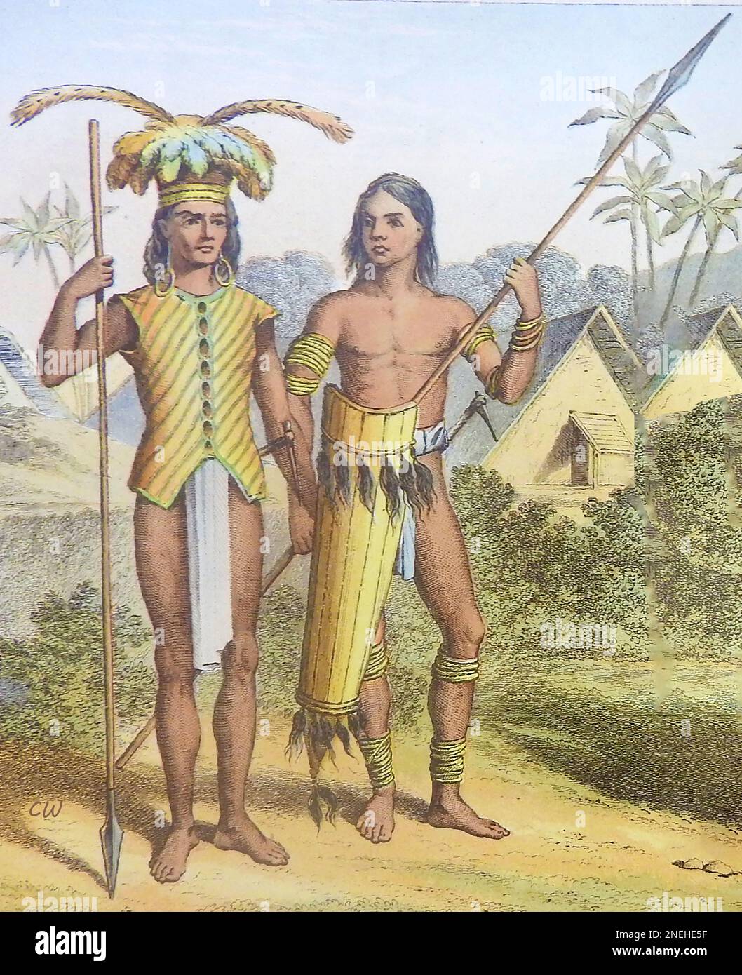 Un'incisione colorata del tardo 19th° secolo che mostra il tipico vestito dei nativi delle isole asiatiche - Saghai Dyaks Un uomo dalla costa nord-orientale (a sinistra) e uno dalla costa sud-occidentale (a destra) Foto Stock