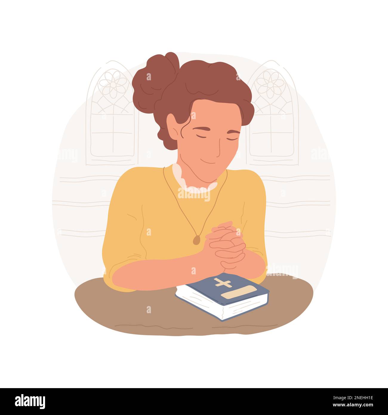 Pregando nella chiesa isolato cartone animato illustrazione vettoriale. Giovane donna che prega solo nella chiesa, rituali religiosi quotidiani, credenze cristiane, devozione alla fede vettore cartone animato. Illustrazione Vettoriale