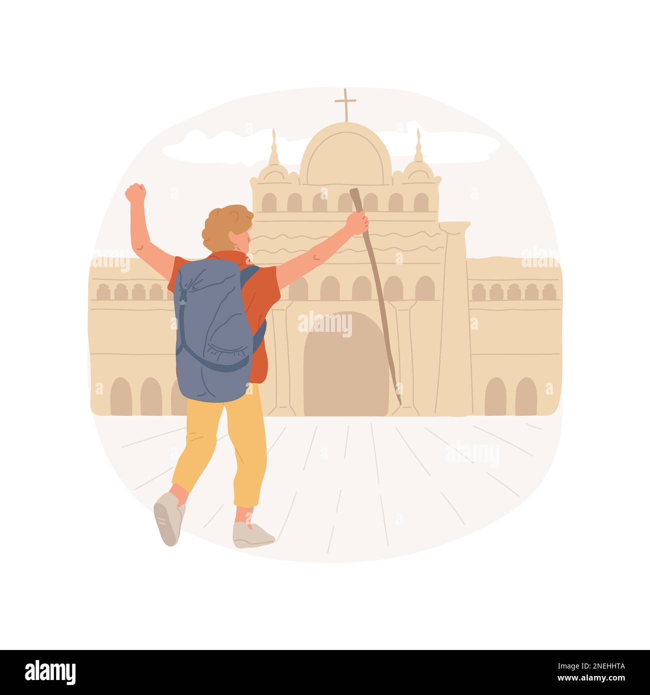 Pellegrinaggio religioso isolato cartone animato illustrazione vettoriale. Giovane pellegrino al luogo santo cristiano, pellegrinaggio religioso, rituali cristiani, pratica spirituale vettoriale cartone animato. Illustrazione Vettoriale