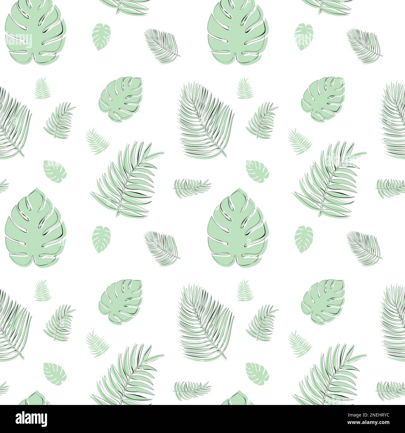 Modello senza cuciture con foglie tropicali. Sfondo per sfondi, tessuti, imballaggi. Immagine vettoriale. Illustrazione Vettoriale