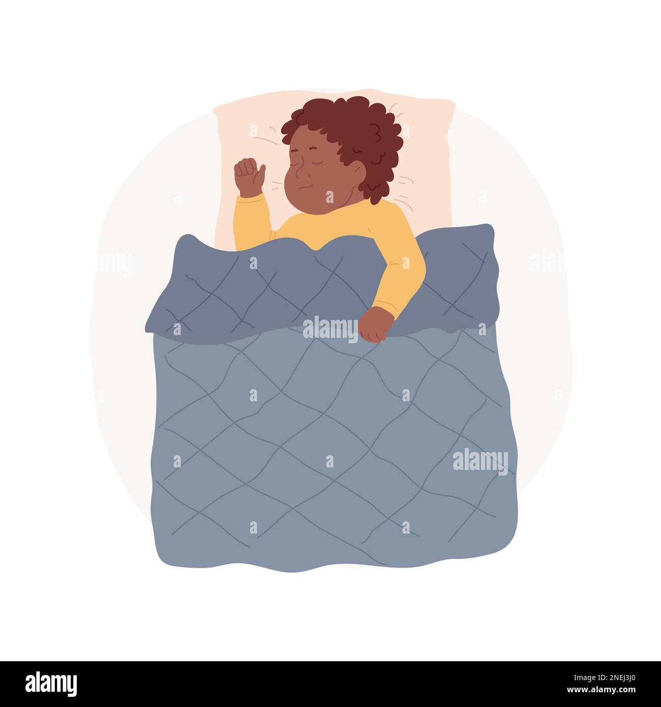 Illustrazione del vettore cartoon isolato coperta pesata. Bambino sdraiato sotto coperta pesata, copricletto, routine di sonno bambino, igiene del sonno, infanzia felice, fumetto vettoriale atmosfera calma. Illustrazione Vettoriale