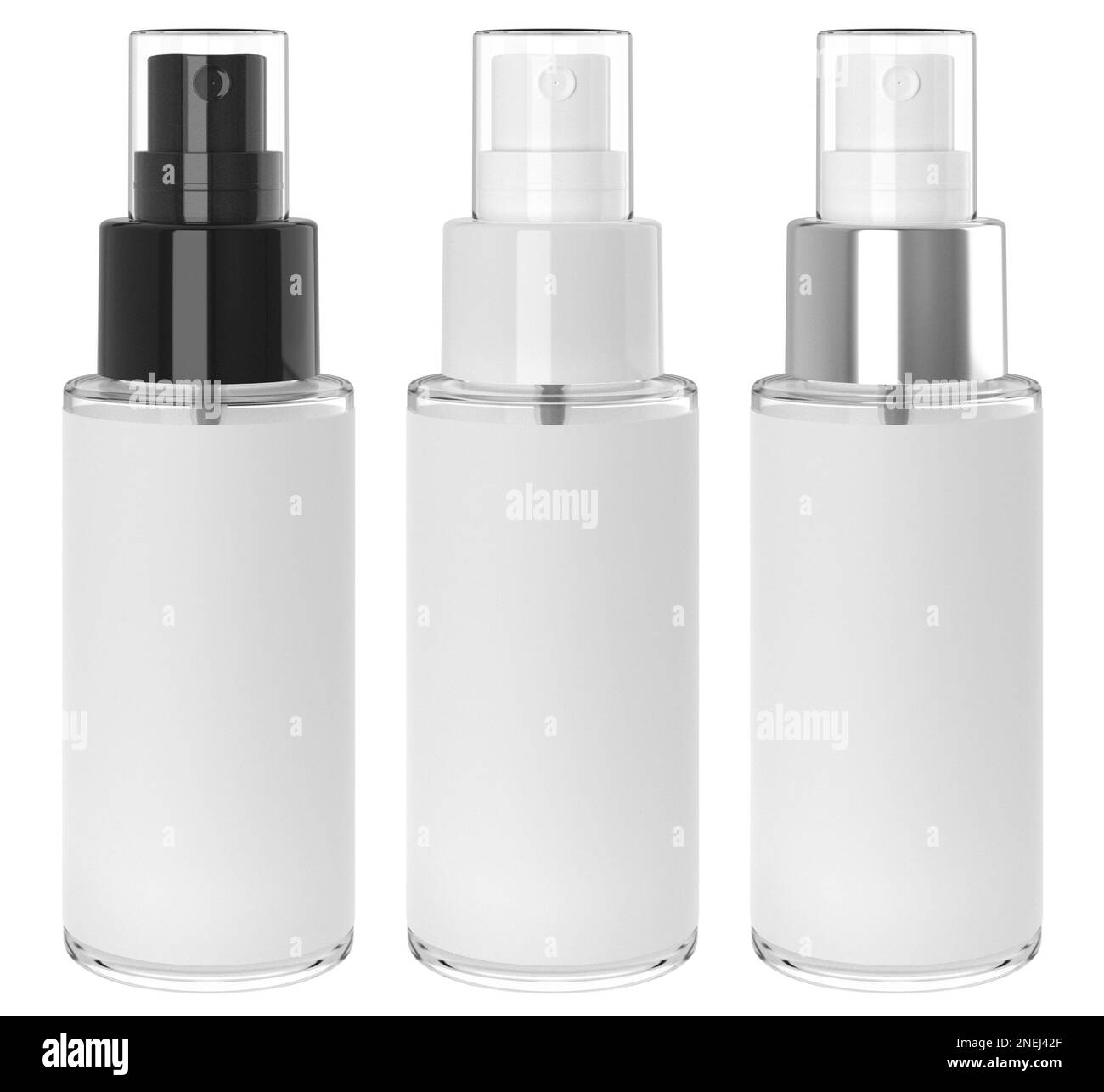 Un mockup erogatore spray con tappo trasparente isolato su fondo trasparente. Uno in nero, uno in bianco, uno in bianco con anello in argento, vetro bod Foto Stock