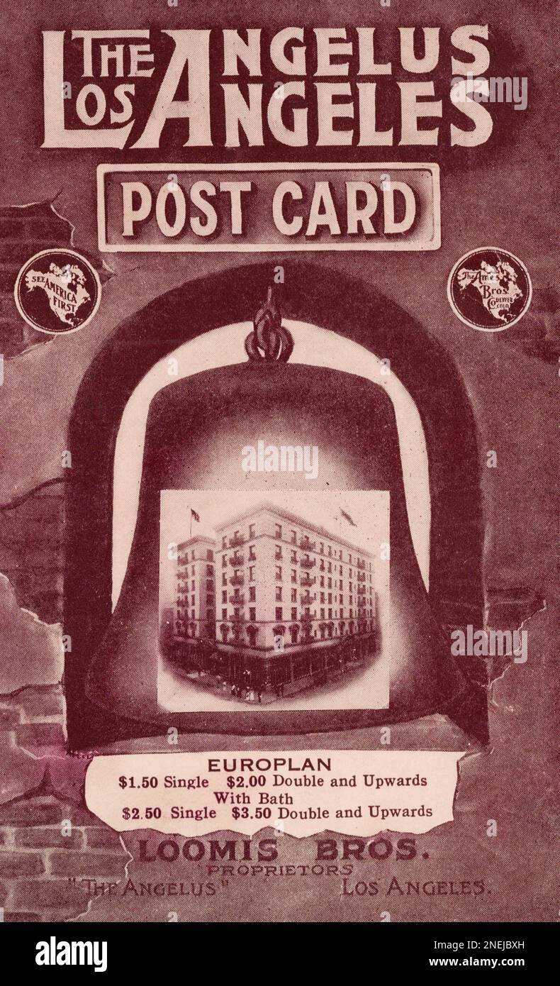 The Angelus Hotel, Los Angeles California USA, cartolina pubblicitaria all'inizio del 1900s. Foto Stock