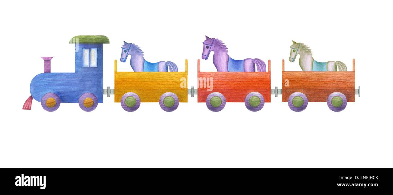 Acquerello illustrazione di un set di capretto treno di legno isolato su sfondo bianco. Stanza dei bambini, arredamento della stanza dei bambini. Materiali ecologici giocattoli per bambini. Foto Stock