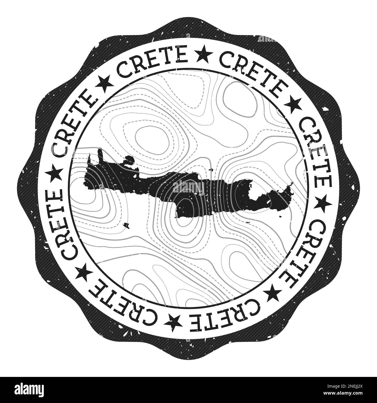 Francobollo all'aperto di Creta. Adesivo rotondo con mappa dell'isola con isoline topografiche. Illustrazione vettoriale. Illustrazione Vettoriale