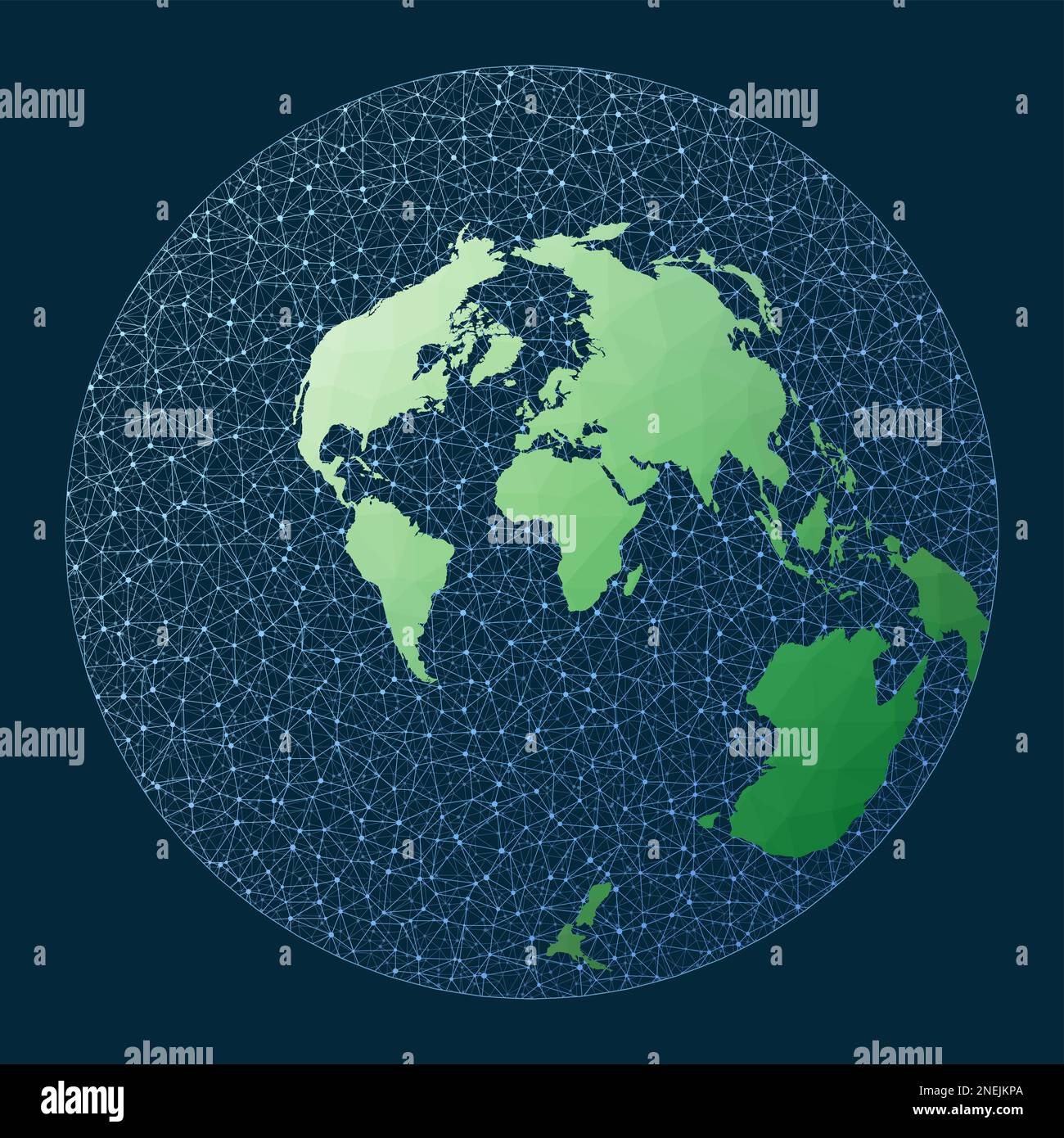 Concetto di business globale su Internet. Proiezione ariosa. Mappa verde a basso contenuto di poli con sfondo di rete. Illustrazione Vettoriale