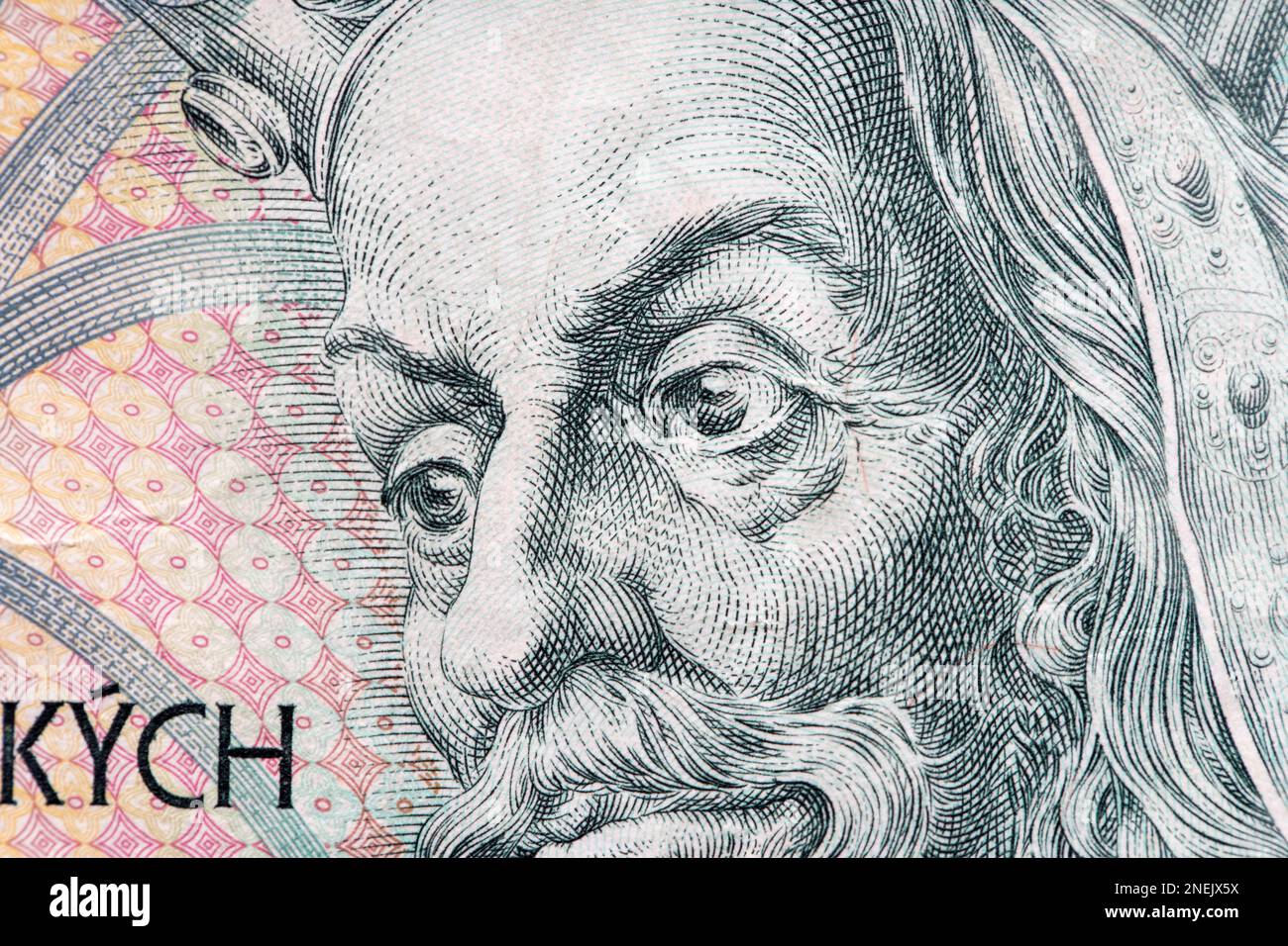 Banconota da 100 korun della Repubblica ceca. Ritratto di Re Karel IV o Carlo IV in denaro ceco. Moneta europea. Foto Stock