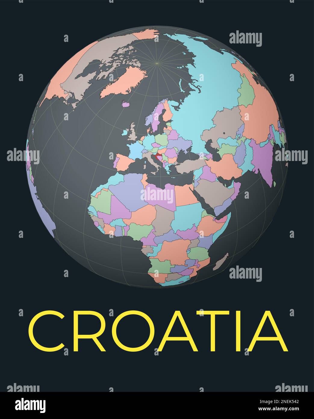 Mappa del mondo incentrata sulla Croazia. Paese evidenziato in rosso. Visione satellitare del mondo incentrata sul paese con il nome. Illustrazione vettoriale. Illustrazione Vettoriale