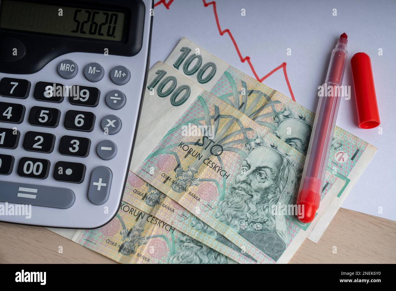 Banconota da 100 korun di carta della Repubblica ceca. Moneta ceca e calcolatrice su un grafico finanziario. Moneta europea. Foto Stock