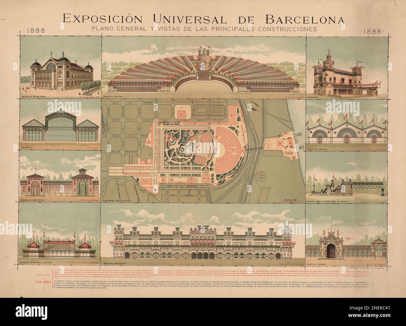 Pianta generale e viste principali degli edifici della Mostra universale di Barcellona, 1888. Foto Stock