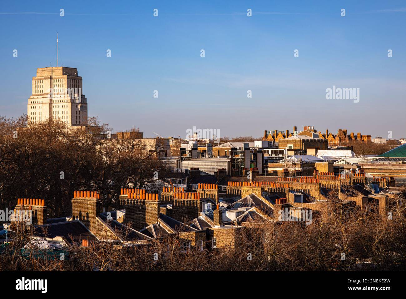 Tetti degli edifici residenziali di Bedford Avenue e torre dell'Università di Londra nel sole del pomeriggio. Quartiere Bloomsbury di Londra, Inghilterra. Foto Stock