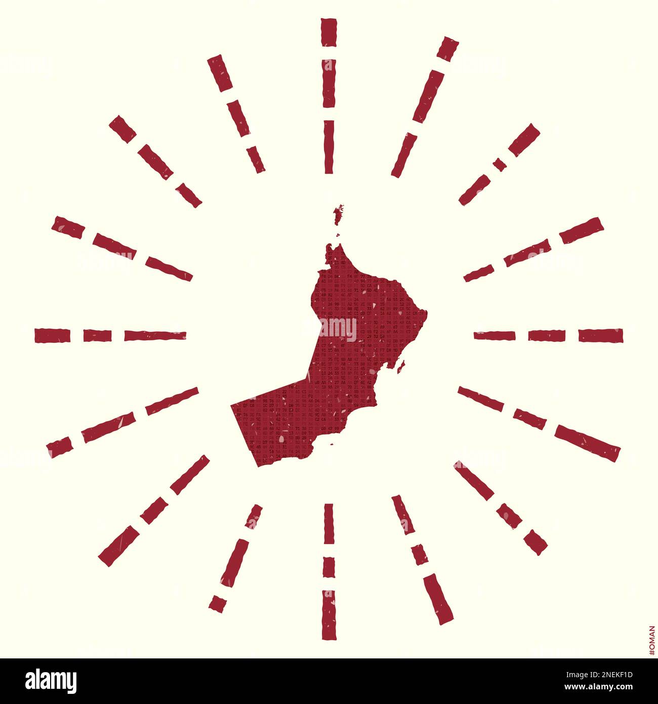 Logo Oman. Grunge sunburst poster con mappa del paese. Forma di Oman riempito con cifre esadecimali con raggi di sole intorno. Illustrazione vettoriale accurata. Illustrazione Vettoriale