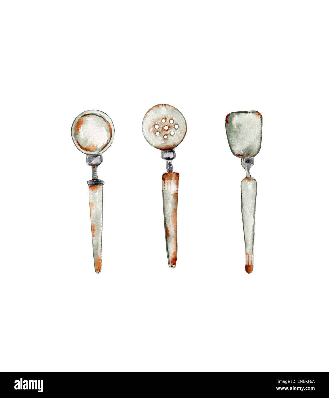 Acquerello fattoria giardino forniture vintage. Vecchi elementi arrugginiti. Illustrazione dipinta a mano carina per biglietti d'auguri, stampe, souvenir, cartoline. Foto Stock