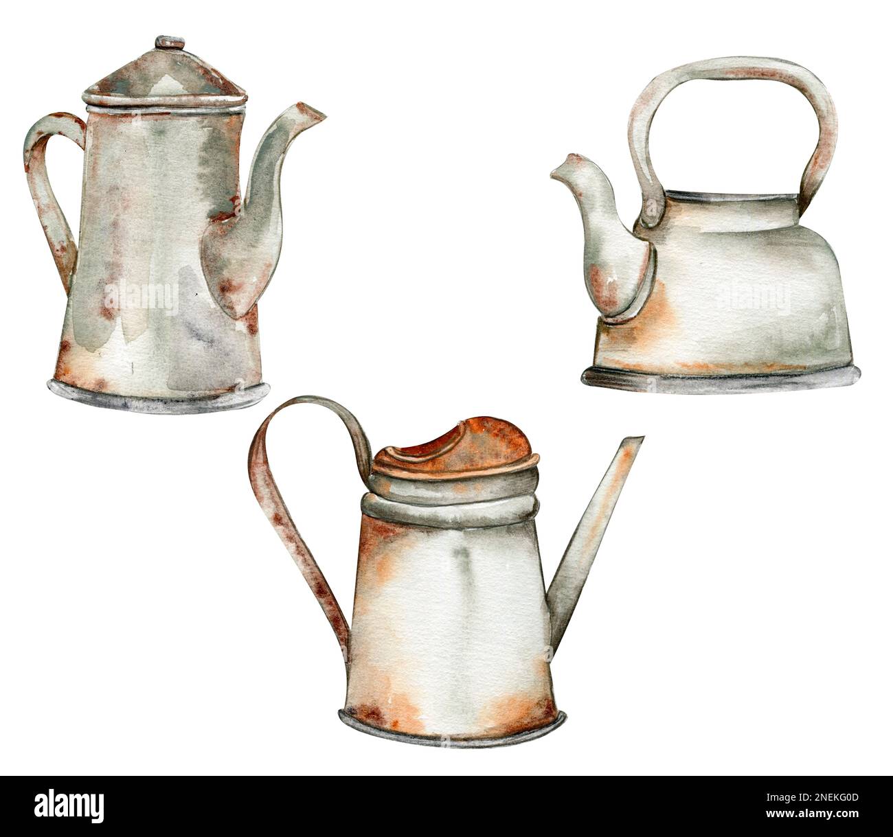 Acquerello fattoria giardino forniture vintage. Vecchi elementi arrugginiti. Illustrazione dipinta a mano carina per biglietti d'auguri, stampe, souvenir, cartoline. Foto Stock