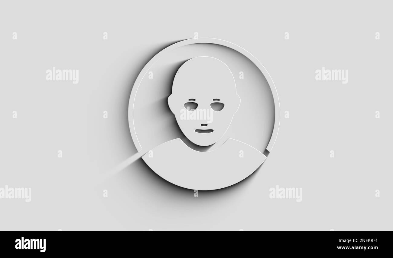 I social media chiacchierano il volto e l'intelligenza artificiale simbolo della testa con ombra naturale. Concetto astratto dell'icona della tecnologia informatica. 3d oggetto luce e ombra Foto Stock