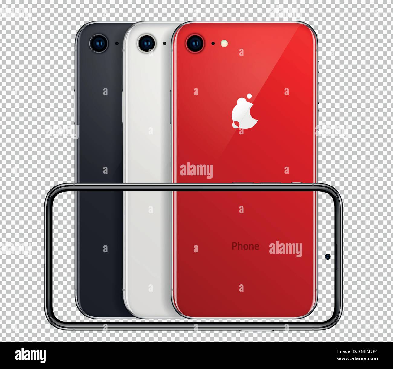 Set di tre diversi smartphone colorati con fotocamere ed evidenziazioni. Vector moderno realistico smartphone 3D orizzontale mockup Illustrazione Vettoriale