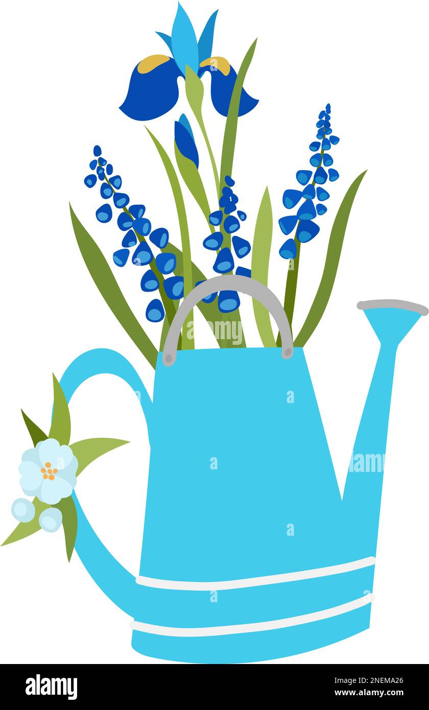 Annaffiatoio blu con fiori blu Illustrazione Vettoriale