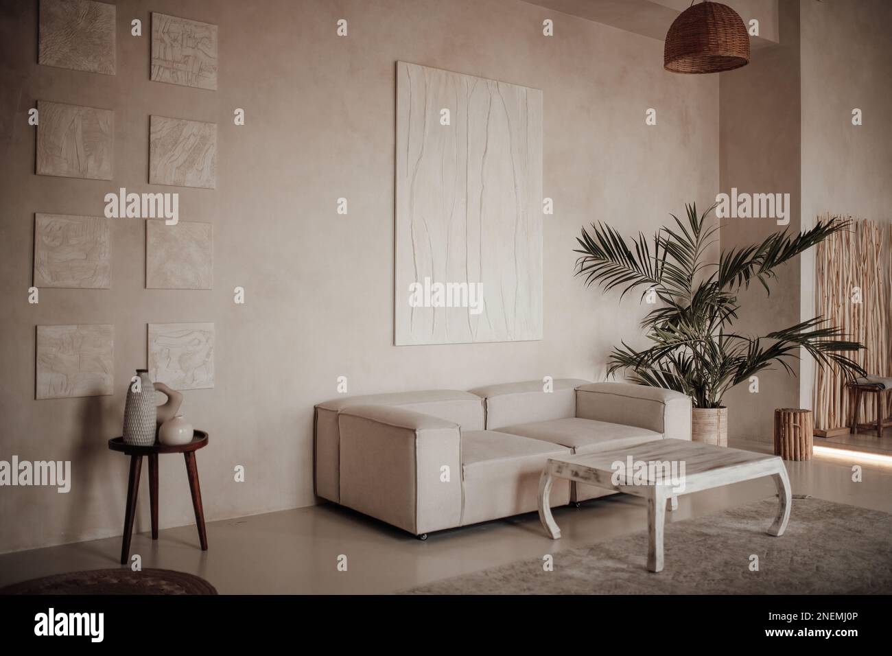 Le delicate tonalità native creano un aspetto organico del soggiorno con accenti in legno in tonalità neutre. Palme verdi pareti beige e nicchie di diverse dimensioni minimo Foto Stock