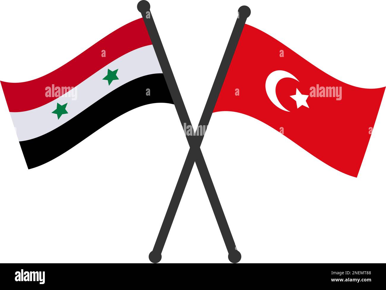 Bandiera della Turchia con bandiera della Siria incrociata. Due bandiere da tavola significano relazioni diplomatiche tra Siria e Turchia. Paesi vicini siriani e turchi nat Illustrazione Vettoriale